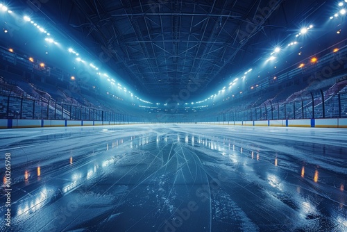 A modern indoor ice hockey arena radiating with illuminated blue lights, creating an atmospheric and futuristic mood