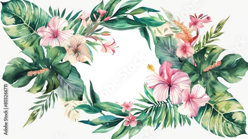 Colorful wreath of tropical leaves and flowers on white background. Perfect for summer designs