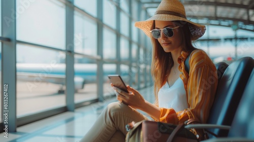 A young woman sits in an airport terminal, wearing a straw hat and sunglasses, and using her phone.