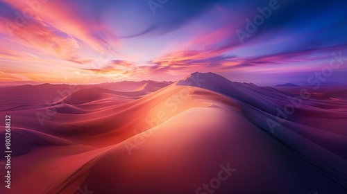 Surreal desert sunset with vibrant colors and smooth sand dunes