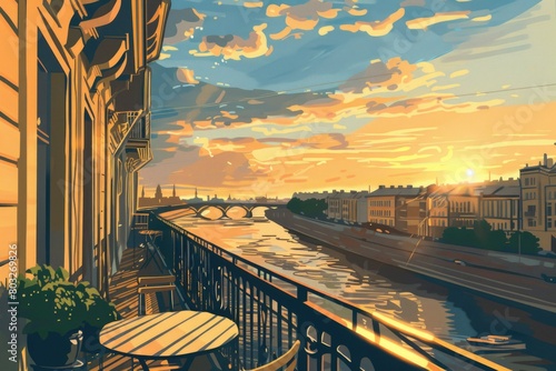 A painting of a balcony with a view of a serene river. Suitable for travel and relaxation concepts