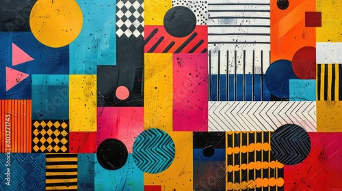 Colorful geometric shapes and patterns in a Memphis-Milano style