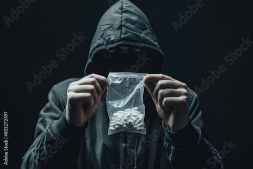 A man in a hoodie holding a bag of pills. Suitable for healthcare and addiction awareness concepts