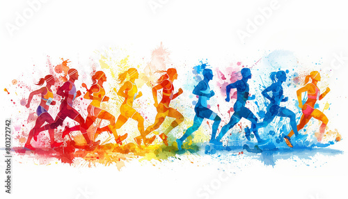 Athletes Running, Colorful Background, Watercolor Art, Olympic Movement Concept