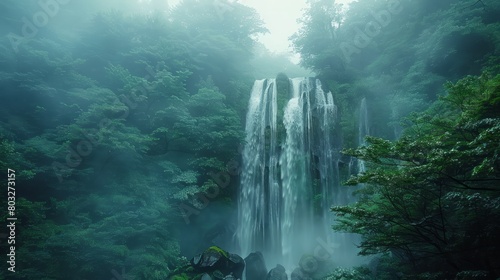 A waterfall is surrounded by trees and the sky is cloudy