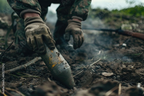 A man in camouflage holding a metal object in the dirt. Suitable for military or survival themes