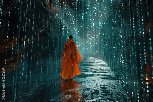 A man in an orange robe walks through a tunnel of rain. Suitable for spiritual and meditation concepts