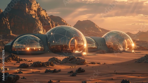 A desert landscape with three domes in the foreground. The domes are made of glass and are illuminated by the sun. The scene is peaceful and serene, with the sun setting in the background