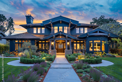 The elegant frontage of a rich indigo craftsman cottage style house, featuring a triple pitched roof, bespoke landscaping, a welcoming path, and unparalleled curb appeal, signifying refined taste.