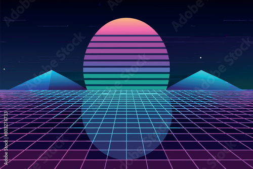 A neon sunset in a stylized, retro digital world captures a nostalgic vibe