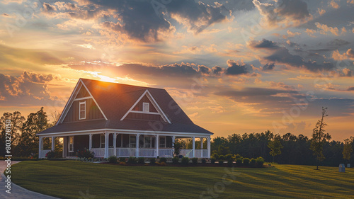 Ultra HD sunset scene over a freshly built clubhouse with a white porch and gable roof.