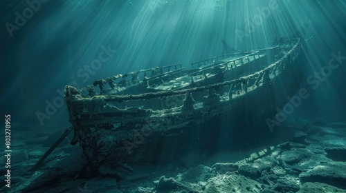 An old ship long ago sunk at the bottom of the blue sea water with shining sunlight. AI generated