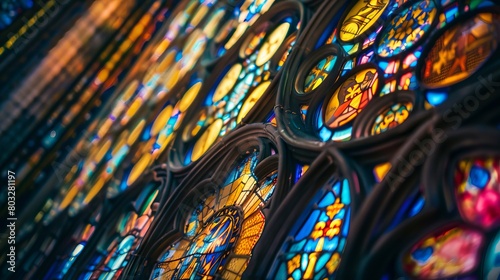 Artistic close-up of a colorful stained glass window radiating vibrant lights