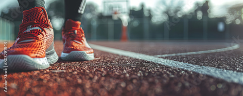 Close-up of red basketball shoes on the court, hoop in the background.