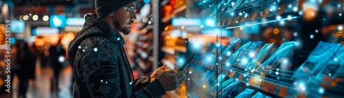 A man wearing a black jacket and beanie uses his phone while shopping for groceries at a supermarket.