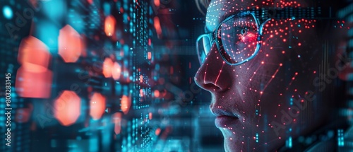 A man wearing glasses is looking at a screen with a lot of data on it. The data is represented by red and blue dots. The man's face is partially covered by the glasses.