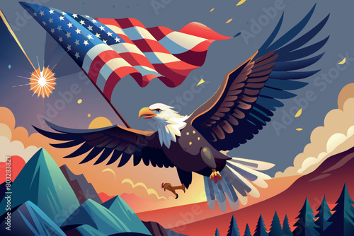 Bald eagle flies beneath a waving US flag with fireworks and mountains