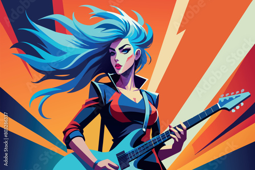 Animated woman rocks out on guitar under dazzling stage lights