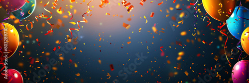 Group of balloons and confetti flying in the air