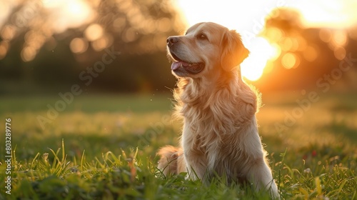 Golden retriever sitting in the field of grass at sunset
