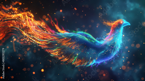 A fantasy neon firebird flying in space