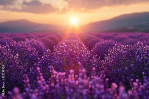 A serene dusk setting over lush lavender fields, illuminating the purple hues with soft sunlight