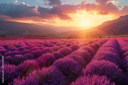 An image depicting the sun bursting through clouds over expansive fields of lavender and distant hills
