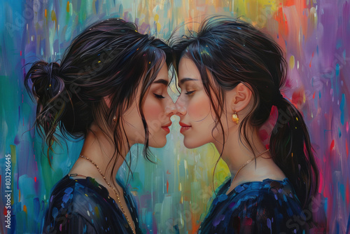 Two women are kissing each other's noses in a painting. The painting is colorful and has a romantic mood