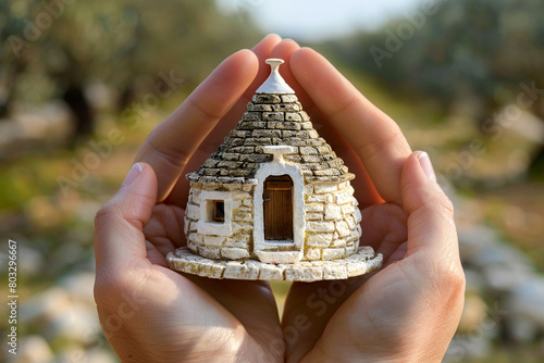 Hands holding a small, artisan-crafted trullo house miniature, with a conical stone roof and whitewashed walls, set against the olive groves of southern Italy.