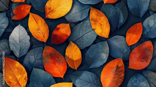 A minimalistic composition featuring a small leaf in Aegean blue, honey, and persimmon orange colors against a walnut background.