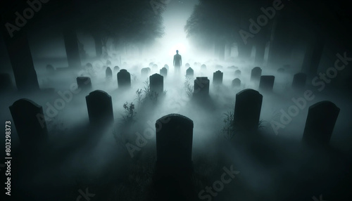 An image of a foggy, eerie cemetery at night. The camera zooms in close on several gravestones hidden by thick fog. In the fog, the ghostly silhouette is barely visible, creating a feeling of mystery 