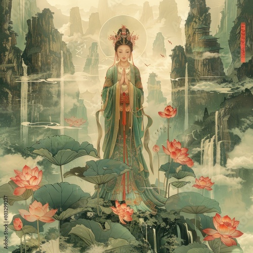An illustration of a Chinese goddess standing on a lotus flower in a misty mountain landscape