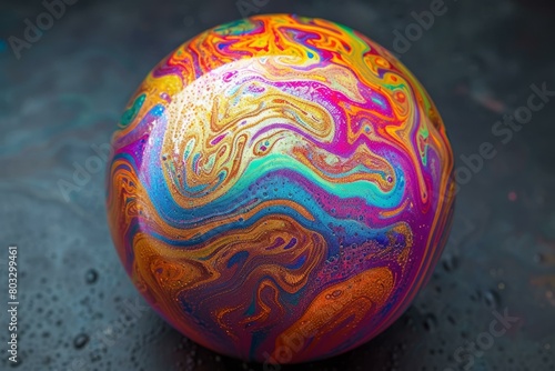 A beautiful iridescent soap bubble on a reflective surface