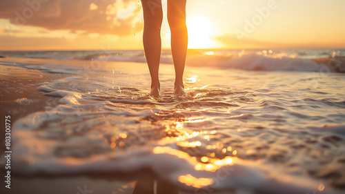 A captivating portrait of a woman standing barefoot in the sand, with gentle waves lapping at her ankles and the golden sun setting behind her, casting a warm glow over the beach