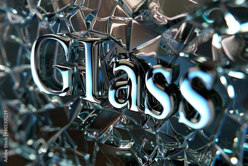 The word 'Glass' with reflective and refractive qualities amidst a pile of glass shards