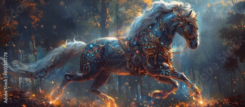 Ornate Armored Steed Rears Up in a Mystical Forest Displaying Power and Intimidation in a Vivid Digital Painting