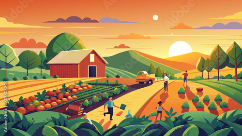 Idyllic Sunset on a Bustling Farm Landscape with Workers and Harvest