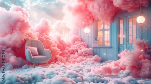 house with clouds in pink color