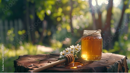 Organic honey in a glass jar with wooden dipper on rustic wooden table at backyard flowers garden