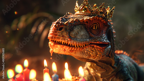 Dinosaur wearing a birthday crown, accidentally setting its eyebrows on fire while blowing out candles.