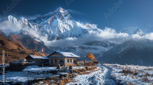 Himalayan lodge with snowcapped mountain peak in the background