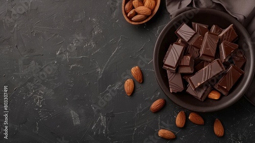 chocolate with almonds on dark grey background with copy space