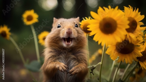 Squirrel standing in a field of sunflowers