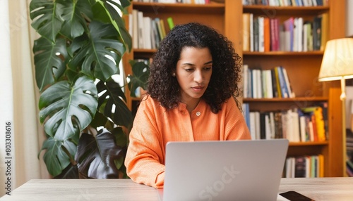 young Hispanic woman working on laptop computer at desk with books, shelves, plants behind her