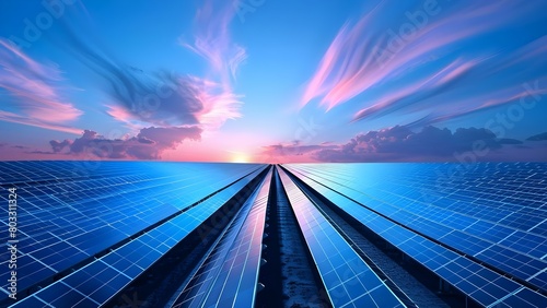 Solar panels in rows under sunlight symbolize transition to sustainable energy. Concept Sustainable Energy, Solar Panels, Renewable Power, Environmental Transition, Clean Technology