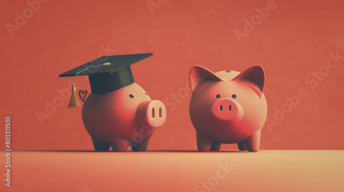 Two piggy banks, one with a graduation cap and the other without, against a red backdrop, depicting education funding