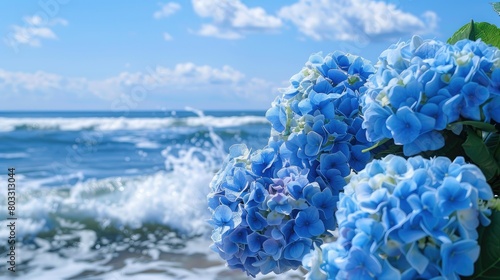 blue skies with blue hydrangeas billowing over rough waves AI generated