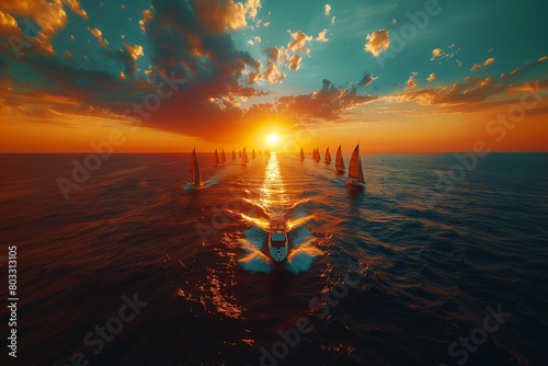 Captivating aerial view of the America's Cup Sailing fleet racing towards the horizon .Sailboats glide on the azure water as the sun sets in the vibrant afterglow