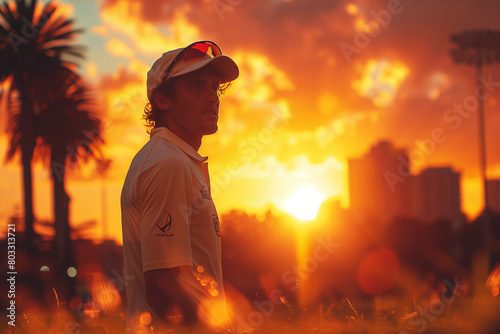 Tense moment as bowler delivers a crucial ball in the ICC World T20 tournament .Man in hat and sunglasses silhouetted against orange sunset sky