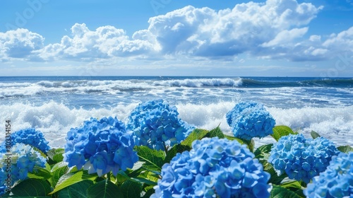 blue skies with blue hydrangeas billowing over rough waves AI generated